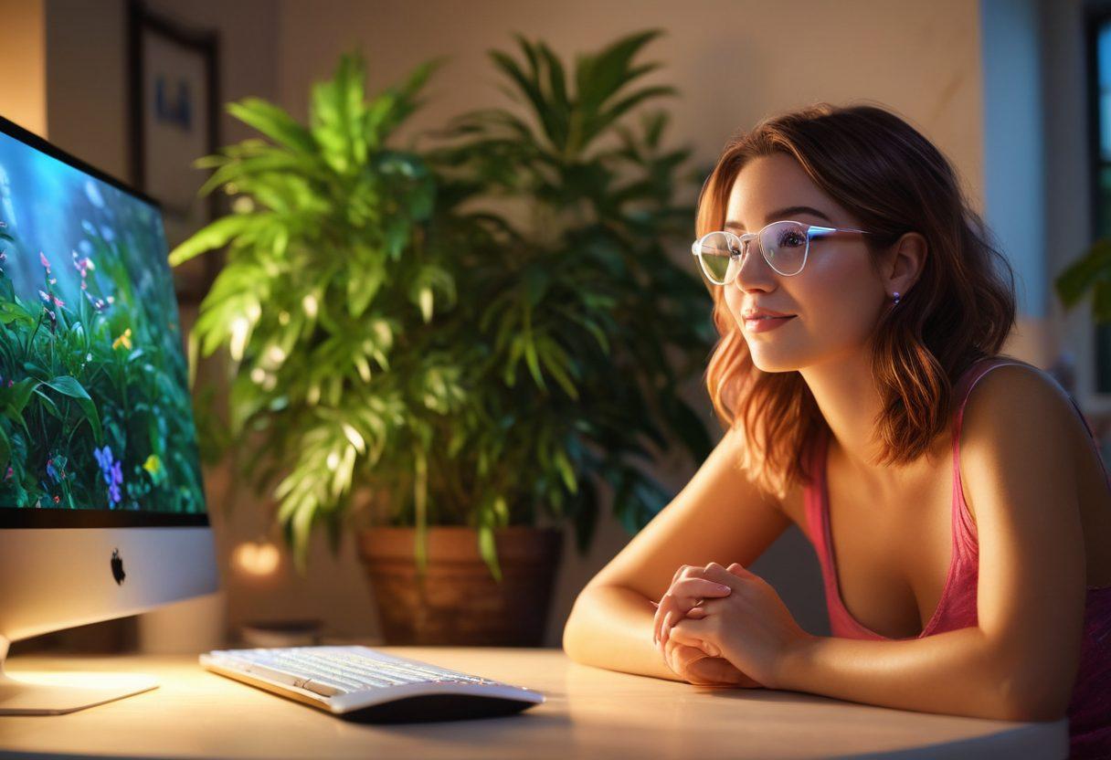 An alluring webcam setting featuring an engaging adult web model with a playful expression, surrounded by soft, colorful lighting that creates an intimate atmosphere. The background includes a sleek computer and a lush plant to evoke a cozy ambiance, inviting viewers to connect in real-time. Add glimmers of excitement with digital hearts and chat bubbles floating around. super-realistic. vibrant colors. soft focus.