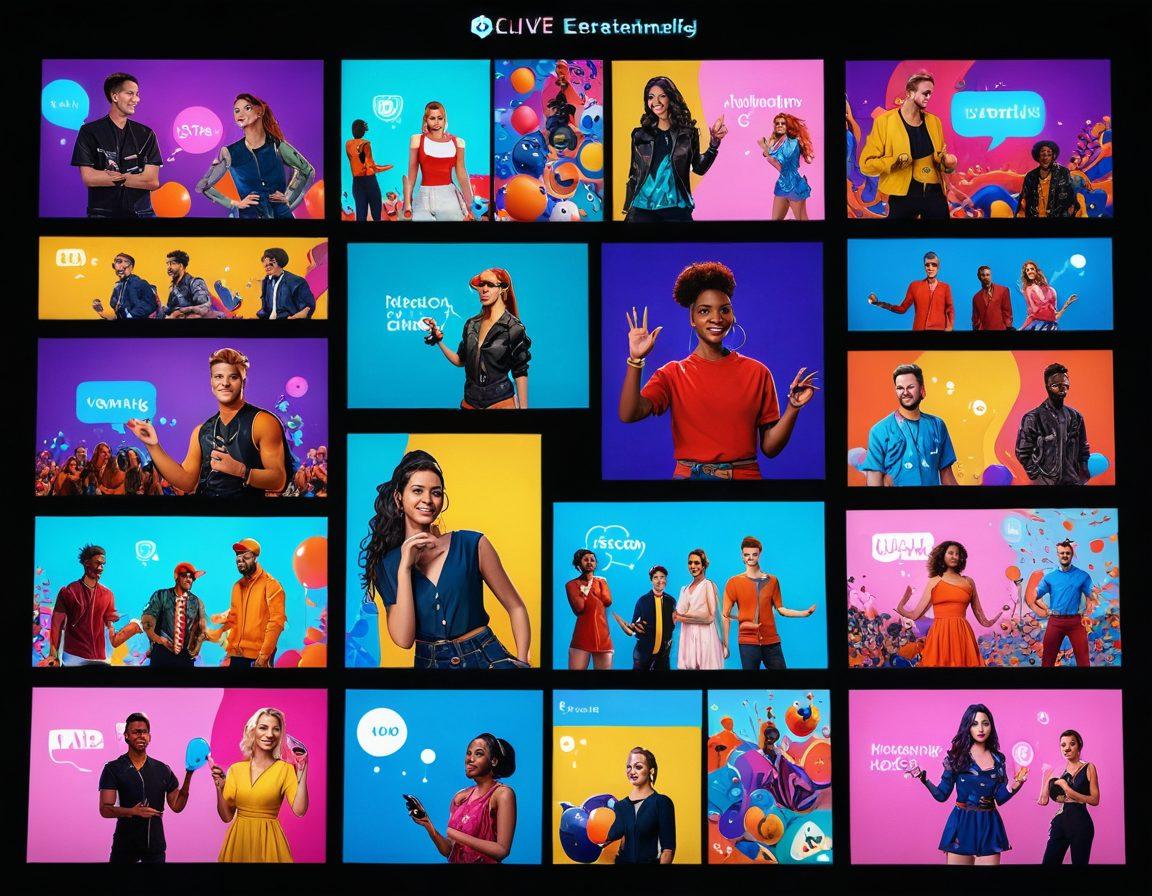 A vibrant and lively scene featuring diverse live cam entertainers engaging interactively with viewers through bright screens. Include elements of technology with colorful virtual backgrounds and animated chat bubbles, showcasing a mix of personalities like artists, dancers, and gamers. The atmosphere should feel dynamic and playful, enticing the viewer to join in the fun. super-realistic. vibrant colors. 3D.